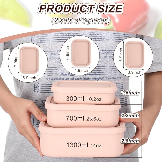 Blushtier 2 Sets of 6 Silicone Food Storage Containers with Lid Silicone Bento Box Rectangular Lunch Box Hard Shell Containers Microwave Dishwasher Freezer Safe, 10 oz, 23.6 oz, 44 Ounce(Pink)