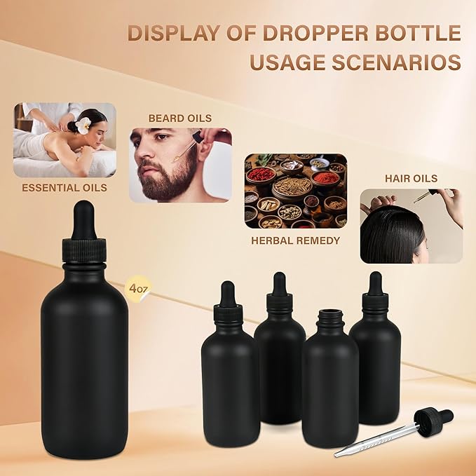 NOOEEISS 4oz Black Glass Eye Dropper Bottle - 4 Pcs Tincture Bottles With Leak-Proof Design, Pretty Finish, Stronger Suction for All Kinds of Mixed Liquids