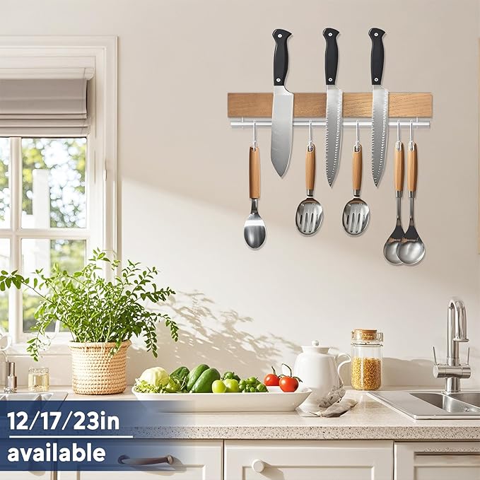 Dmore magnetic knife holder for wall—with 5 hooks, No Drilling 12 Inch Wood knife magnetic strip, Extra Strong Magnet knife rack, include Adhesive Tape and screws for Knives and Tools