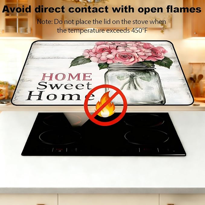 Stove Top Cover for Electric Stove, Vintage Farmhouse Style Glass Cooktop Protector, Multi-functional Kitchen Counter & Washer Top Cover