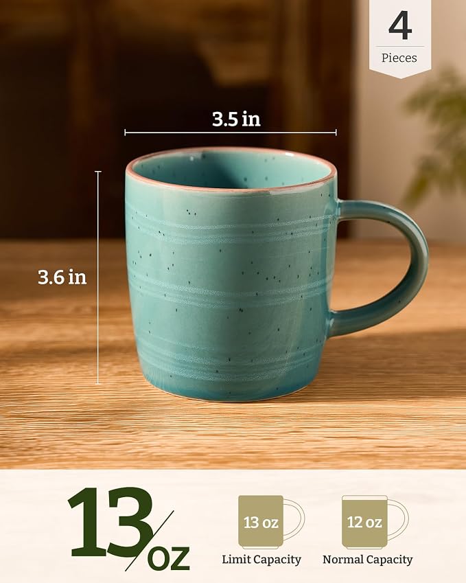 famiware Coffee Mugs Set of 4, Meteor 13 oz Ceramic Mug Cup Set with Handle for Coffee, Tea, Cappuccino, Latte, Milk, Peacock Green