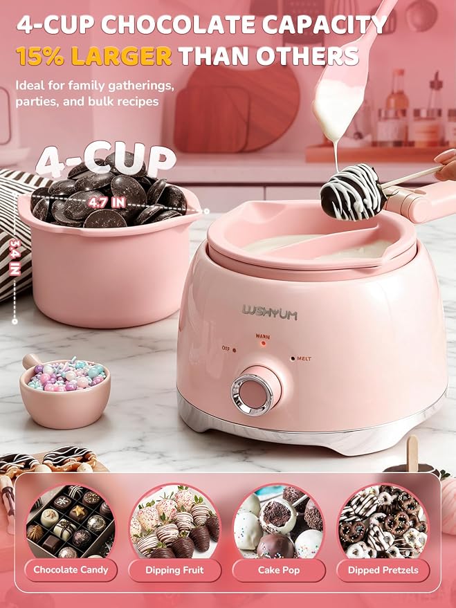LUSHYUM Electric Chocolate Melting Pot with 2 Insert Pots, 4-Cup Chocolate | Even Heating & Fast Melting, BPA-Free Silicone, Easy Clean, Less Waste, Ideal for Chocolate & Candy Melts, Parties & Fondue