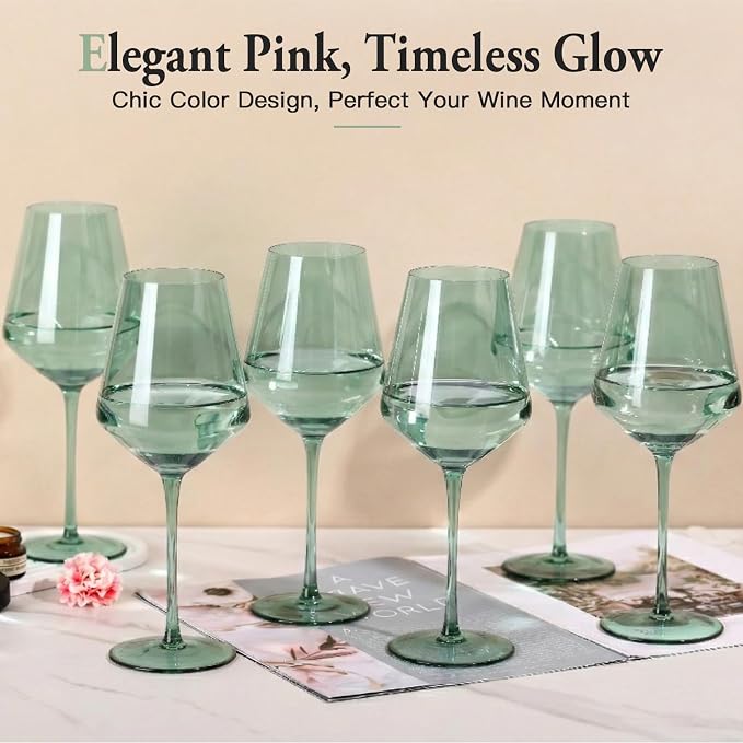 Green Wine Glasses Set of 6, Handblown Colored Wine Glasse,Green Coloful Glassware，17OZ for Red or White Wine