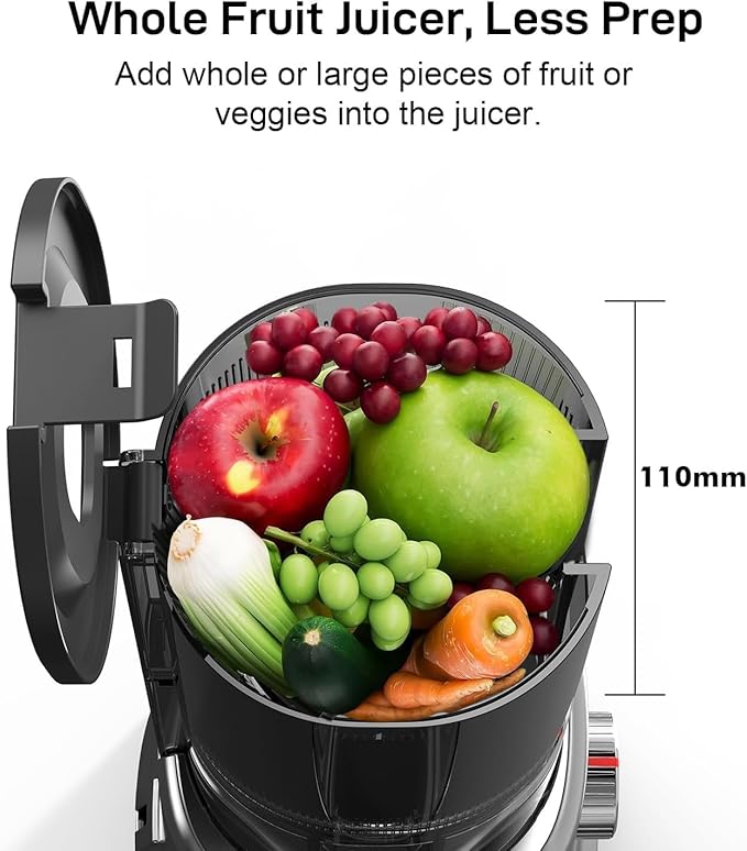 Masticating Juicer Machines, 4.3-Inch Large Feed Chute, High Juice Yield Cold Press Juicer for Whole Fruits and Vegetables, Easy to Clean, Gray