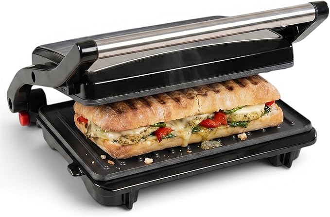 Alpha Living Electric Griddle Panini Press Sandwich Maker – Stainless Steel Panini Grill Press Sandwich Maker with Aluminum Griddle – Non-Stick Coating – 180-Degree Hinge for Thick and Thin Foods
