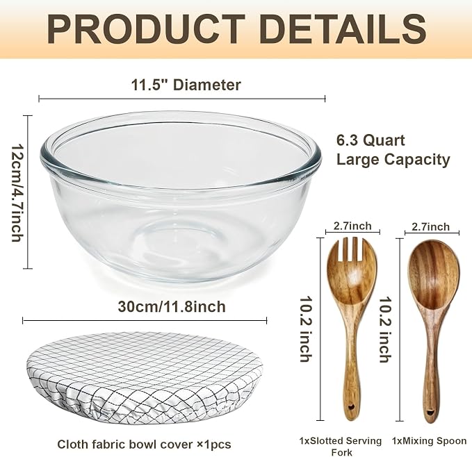 6.3 Quart Large Glass Mixing Bowl for Sourdough Bread,11.5 Inch Diameter Large Capacity Clear Glass Mixing Bowl with Covers&Serving Utensils for Sourdough,Salad,Cooking Prepping and Food Storage
