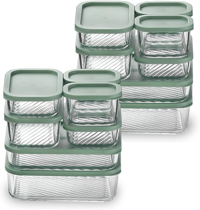 EATEX Grooved Base Glass Meal Prep Containers, 14 Pack Glass Storage Containers with Lids for Meal Prep & Lunch, Microwave Oven Freezer Dishwasher Safe, Anti Moisture Non-Stick Design - Sage Green