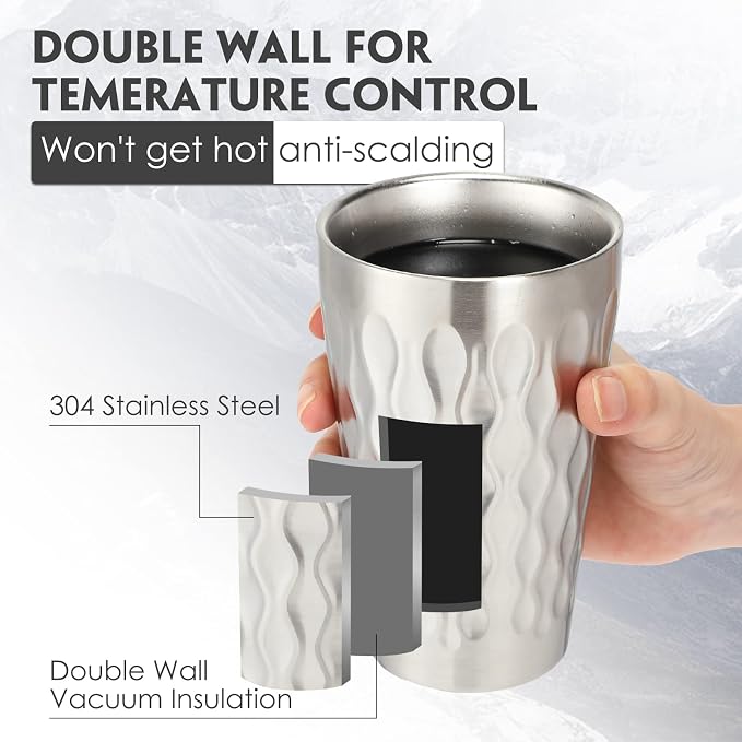Mimorou 8 Pack 16oz Stainless Steel Cups Pint Cup Metal Double Layer Insulated Drinking Beer Water Tumbler Camping Reusable Stackable for Office Party Hot Cold Drink(Wave Pattern)