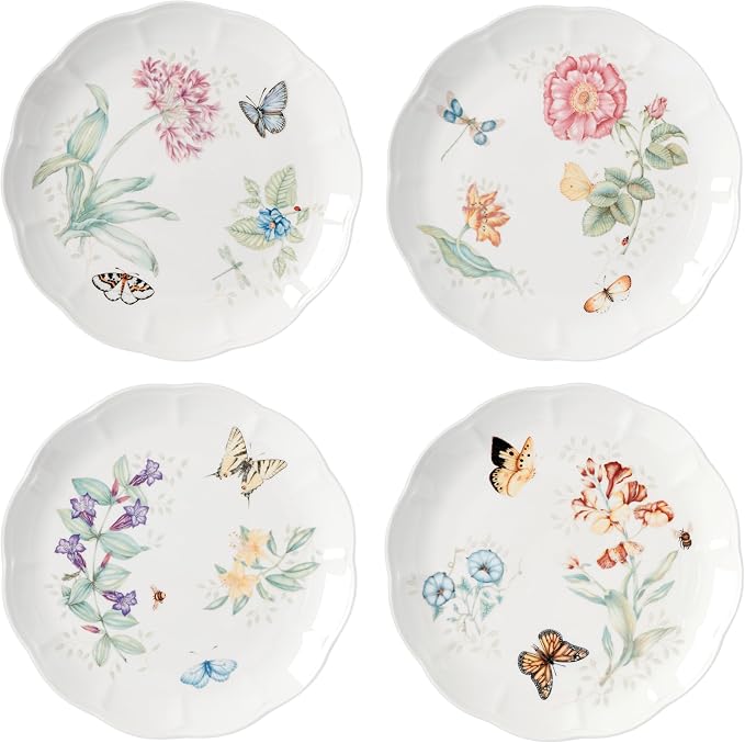 Lenox Dinnerware Set, Butterfly Meadow 4-Piece Dinner Plate Set, Service For 4, Porcelain Dinnerware With Scalloped Rim, Microwave And Dishwasher Safe, Dish sets, Home And Kitchen (Assorted, 4 Pieces)