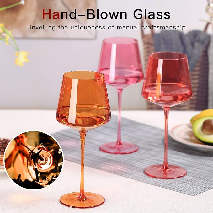 Colored Wine Glasses Set of 6 – 18oz Hand-Blown Crystal Stemmed Wine Glasses, Vibrant Sunset Square stemware for Red & White Wine, Unique Gift for Wedding,Birthday