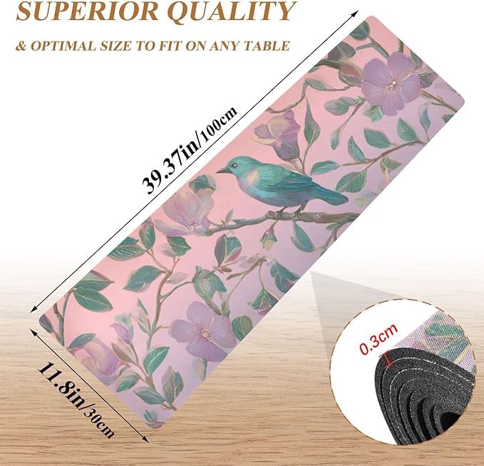 2-in-1 Table Runner Trivet for Hot Dishes Heat Resistant Hot Plate Mat Pad 39x12 Inch Waterproof Table Protector Trivets for Countertop Non Slip Decorative Vintage Birds and Pink Flowers