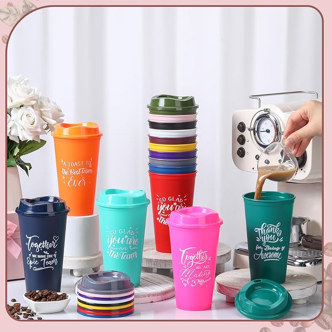 Pickmesh 15 Pcs Employee Appreciation Gifts Bulk 16 oz Plastic Tumblers with Lids Graduation Teacher Appreciation Gifts Reusable Coffee Cups for Staff Volunteer Coworker Team (Colorful)