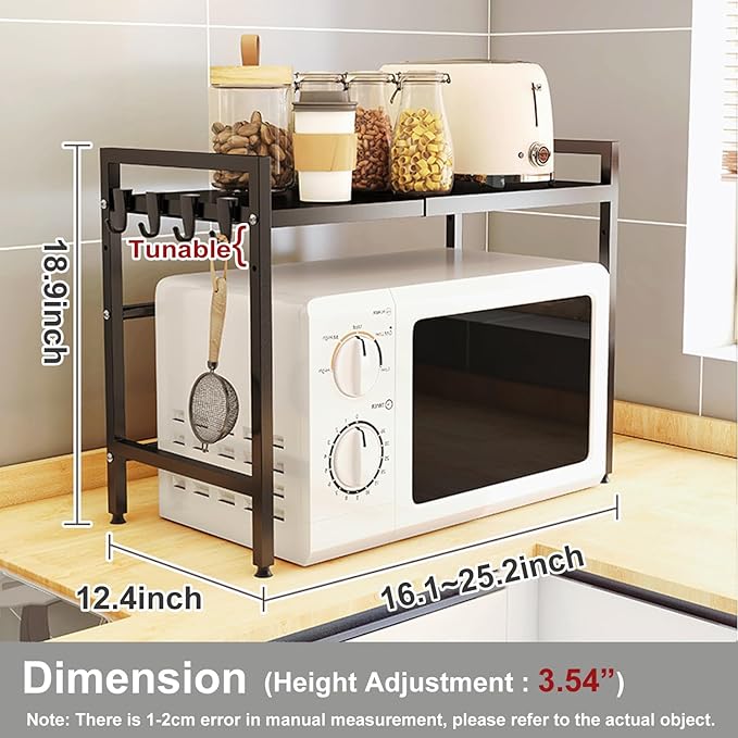 Expandable Microwave Stand Countertop, Heavy Duty Over Microwave Shelf Countertop, 2 Tier Carbon Steel Microwave Oven Rack Shelf for Kitchen with 4 Hooks,Holds 132lb,Height Adjustable,Black