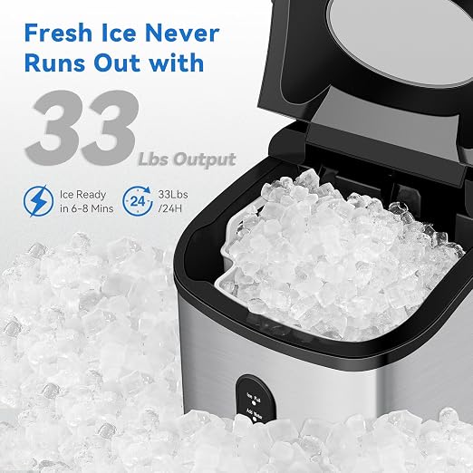 Litake Nugget Ice Maker, Rapid Ice Making in 6-8min, 33lbs/24H, 1.1lb ice Basket Capacity,45db Noise Level, Auto-Cleaning,Food-Grade Internal Plastic,Water Shortage and Water Full Reminder