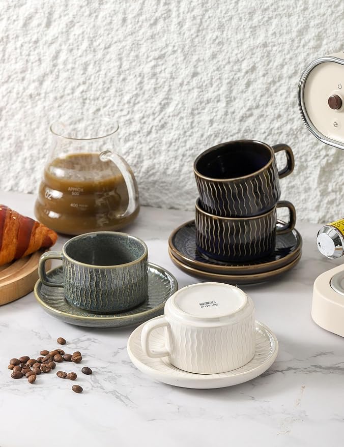 Espresso Cup with Saucer - 6 Ounce Ceramic Espresso Mugs Set of 4, Cappuccino Cups Set, Latte Coffee Cups for Coffee, Cafe Mocha, Tea, Green