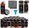 Skiileor 36 Pcs Spice Jars with Label- Glass Spice Jars with Black Metal Caps,Shaker Lids, Funnel, Chalk Pen, 4oz Seasoning Containers Bottles for Spice Rack, Cabinet, Drawer