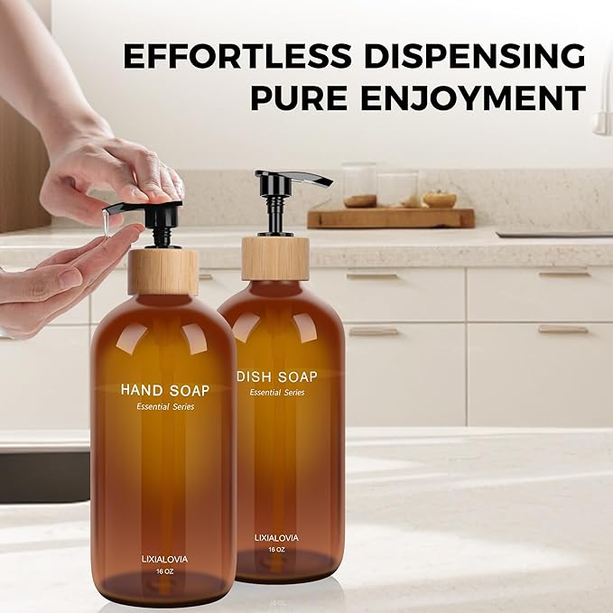 Dish and Hand Soap Dispenser Set with Tray, 16OZ Refillable Glass Bottles and Wood Pump, Double Bottle Countertop Organizer for Kitchen and Bathroom (Amber)