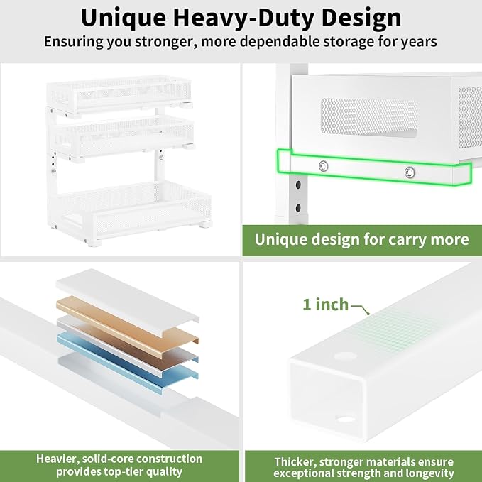 3-Tier Under Sink Organizer,2 Pack Height Adjustable Pull Out Cabinet Organizer Shelf, Thickened Metal Slide out Storage Drawer Rack for Bathroom Laundry Room Kitchen Pantry Organization (White)
