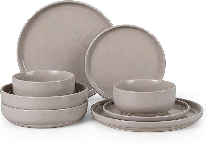 HaWare 8-Piece Plates and Bowls Set for 2, Stoneware Dinnerware Sets with Pasta Bowl, Dishes Set for Home Restaurant, Speckled Cream Coffee