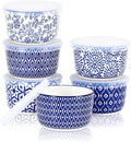 Selamica Ceramic Ramekins with Lids, 10 OZ Creme Brulee Ramekins with Covers Oven Safe, Custard Cups Small Baking Bowls for Souffle, Pudding, Onion Soup, Dips, Set of 6, Vintage Blue