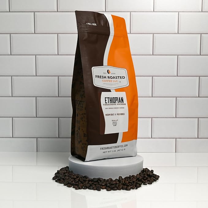 Fresh Roasted Coffee, Ethiopian Yirgacheffe Kochere Whole Bean Coffee, Medium Roast, Kosher, 2 lb (32 oz)