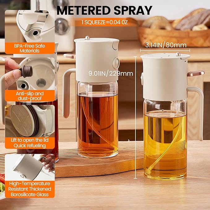 MMJ 3 in 1 Oil Sprayer Bottle, 19.6oz High Borosilicate Heat Resistant Olive Oil Dispenser, Includes 3pcs Mini Outdoor Set, Multipurpose for Kitchen, Air Fryer, BBQ, Grilling & Camping