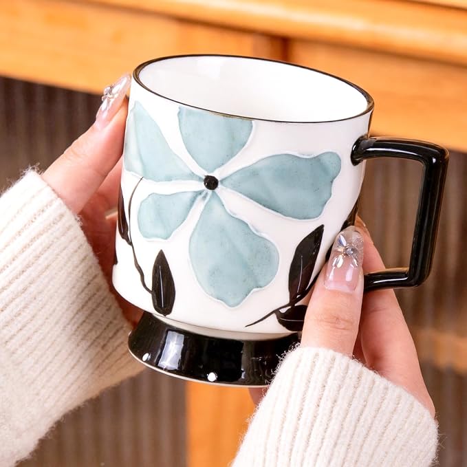 KAMMAK Ceramic Mug - Hand-Painted Coffee and Tea Mug - 450ML Vintage Breakfast Cups - Cute Mugs for Women - Ideal for Birthday - Afternoon Tea & Housewarming Gifts, GX012