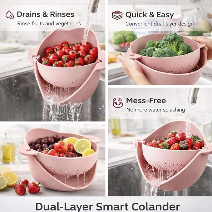 Modern Creative Double Layer Vegetable & Fruit Washing Basket – Durable Plastic Strainer in Pink–Multipurpose Kitchen Colander for Washing, Draining & Serving – Space-Saving Lightweight