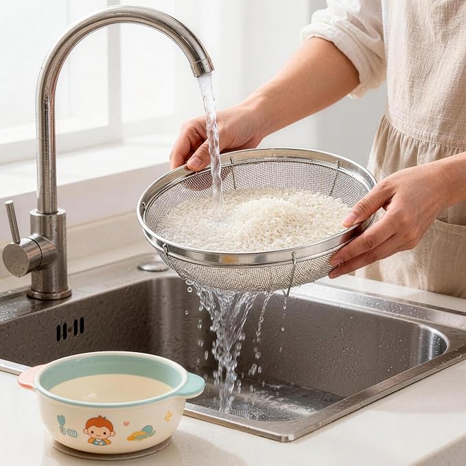 Fine Mesh Strainer for Kitchen, Stainless Steel Colander Bowl for Pasta, Rice, Fruit, Metal Net Baskets with Resting Base - Strain, Drain, Rinse (Diameter 11.02 inch)