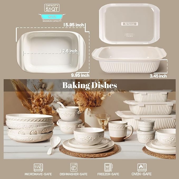 Artena Baking Dish 5.1 Quarts, Casserole Dishes For Oven, Baking Pan With Handles, Lasagna Pan Deep, Large Casserole Dish, Rectangular Ceramic Bakeware (White, With Lid)