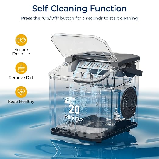 Ice Makers Countertop with Handle, 9 Ice Cubes in 6 Mins, 26.5Lbs/24H, 2 Sizes of Bullet Ice, Portable Ice Maker Machine with Self-Cleaning, for Home Kitchen Party RV Camping, Stainless Steel Silver
