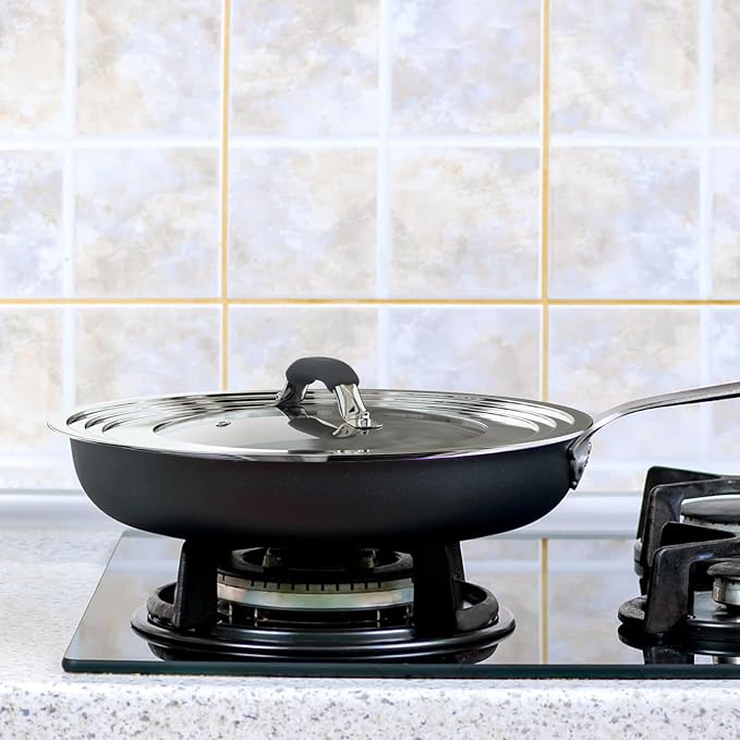 Stainless Steel Universal Lid for Pans Pots Fits 8.25 9 10 11 12 Inch Cast Iron Skillets Frying Pans Woks - Design with Heat Resistant Handle and Vent Hole - Black Handle