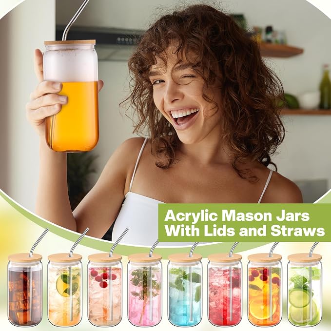 16 Pcs Plastic Cups with Lids and Straws Acrylic Mason Jars with Bamboo Lids Mason Jar tumblers with Sticker and Diamond for DIY Decorate Mugs Drinking for Water Beverage Beer (16 oz,Clear)