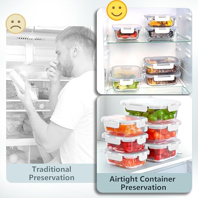 12 Pack Glass Lunch Meal Prep Containers with Lids Airtight Leakproof, Stackable for Microwave, Oven, Freezer and Dishwasher Safe (White)