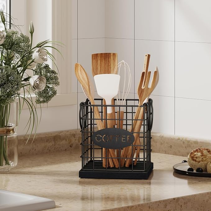 YINMIT K Cup Holder Organizer, Sturdy Coffee Pod Holder Organizer, 35 Kcup Large Capacity Storage Basket for Kitchen Counter and Office Desktop (Black-Square with Handle)
