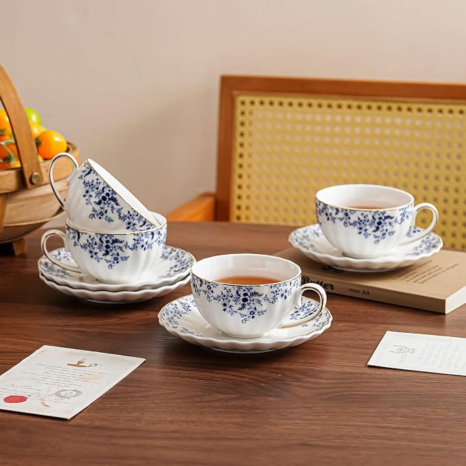Agyiuns ceramic tea cups and saucers 6oz,floral tea cups for Coffee, Latte, Cafe Mocha and Tea (Little Blue Flowers)