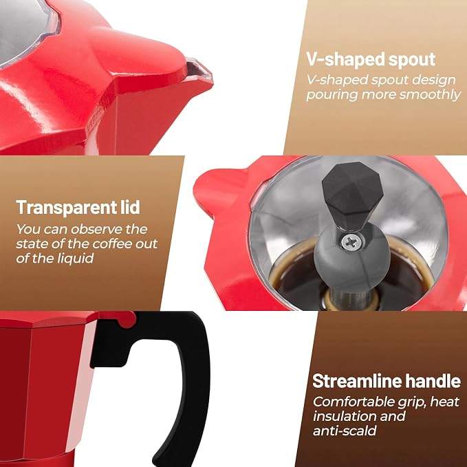 Electric Aluminum Moka Pot 3-6 Cup 150-270ml Espresso Maker with Detachable Base Ideal Coffee Makers for Home MochaPot Italian and Cuban Café Coffeemaker Espressomaker CoffeePot Red