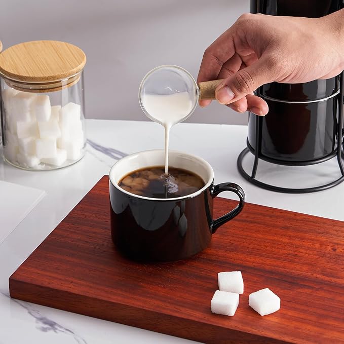 10oz Porcelain Stackable Coffee Mugs and Metal Stand Set of 4, Espresso Cups Set for Hot Drinks, Cappuccino, Tea-Black