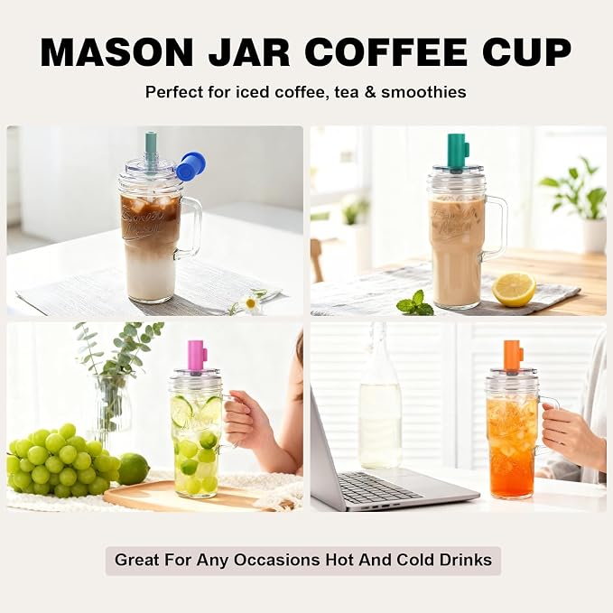Anotion Mason Jar Cups with Lids and Straw, Leakproof 24oz Glass Tumbler with Handle, Leak-Proof Dustproof Cap, Self-Assembly Silicone Straw, Reusable Iced Coffee Matcha Cup Coffee Gifts for Women 4pc