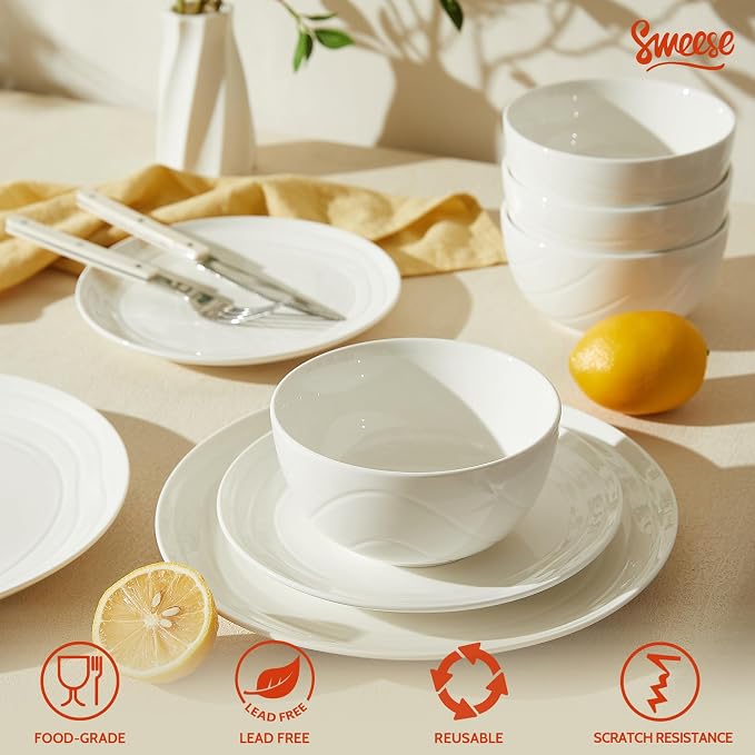 Sweese Porcelain Dinnerware Sets for 6, 18 Pieces Plates and Bowls Sets, Handcrafted Minimalist Dinner Set, Chip and Scratch Resistant Dish Set, Dishwasher & Microwave Safe, White