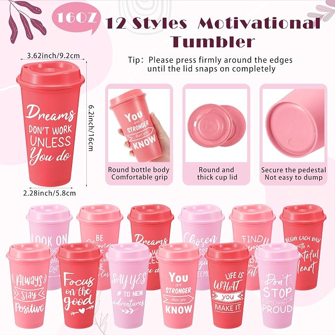 Skylety 12 Sets/48 Pcs Employee Appreciation Gifts 16oz Inspirational Plastic Cups Spiral Notebooks Ballpoint Pens Keychains Bulk Thank You Cup for Employee Coworker (Gradient Pink)