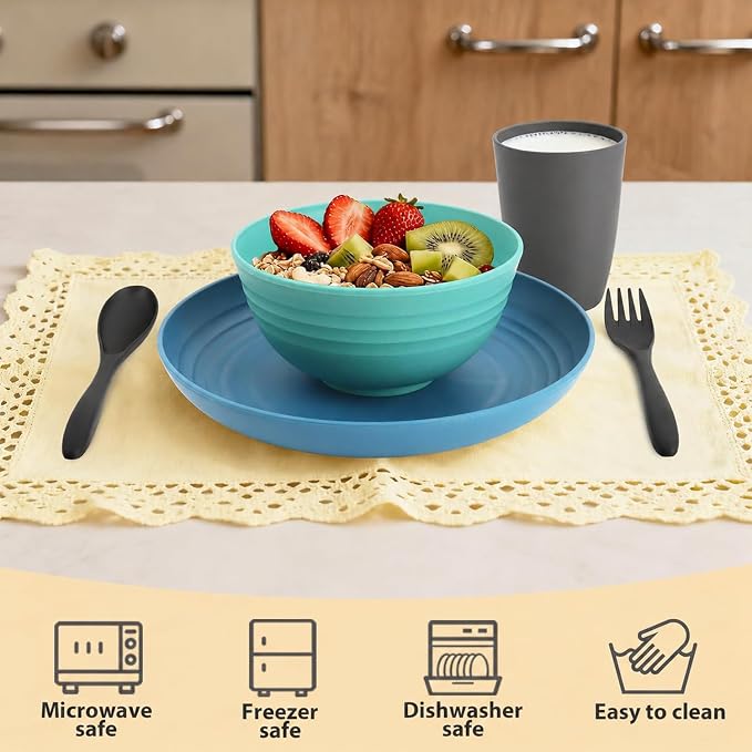 Unbreakable Wheat Straw Dinnerware Set 20 PCS - Kids Plates and Bowls Set for 4,Dishwasher & Microwave Safe Lightweight Toddler Dish Set for Party Camping Kitchen - Calm Tones