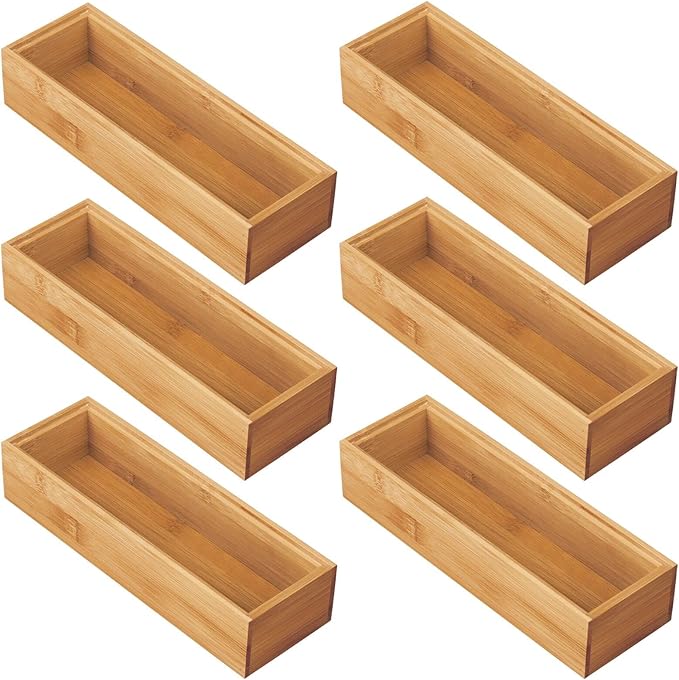 mDesign Wooden Bamboo Kitchen Drawer Organizer Box Tray, Stackable Utensil/Flatware Storage for Drawers, Cabinet - Holder Container for Silverware and Appliances, Echo Collection, 6 Pack, Natural Wood