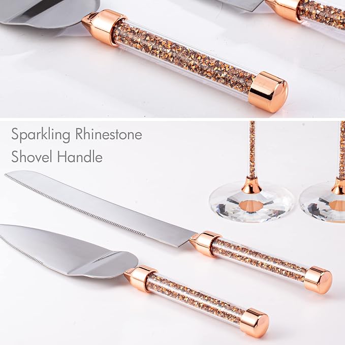 Wedding Champange Flutes and Cake Knife Server Set, Rose Gold Mr and Mrs Champagne Glasses for Bride and Groom Toasting