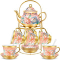 20 Pcs Porcelain Tea Set for Adults with Metal Holder and Spoon European Ceramic Tea Party Set Flower Painting Teapot Cup Saucer for Women Gift, Serving 6 People(Fresh)