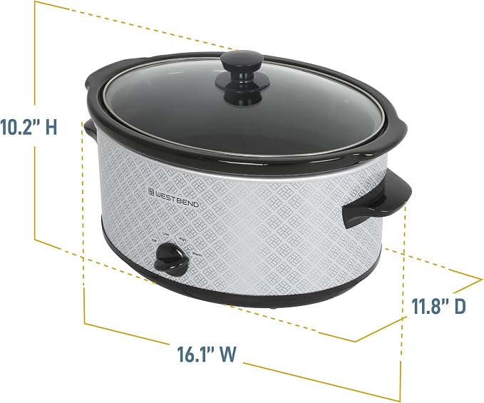 West Bend Slow Cooker 6-Quart Manual Crockery Style with Dishwasher Safe Oval Ceramic Crockpot and Glass Lid Two Temperature Settings Plus Keep Warm, 330-Watts, Silver