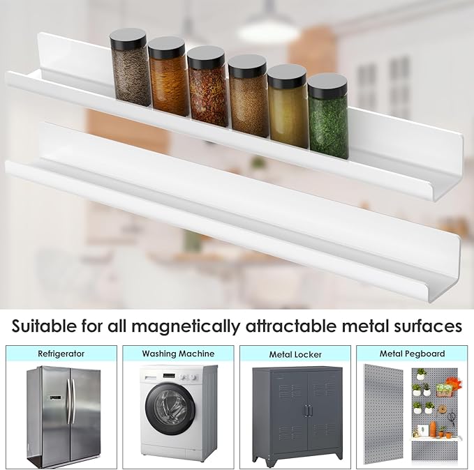 NiHome Set of 2 Magnetic Acrylic Floating Book Shelves, 24 Inches Long for Whiteboard, Classroom and Fridge Storage, Holds Up to 8.5 lbs, Sleek Design Organizer for Large Picture Adhesive (White)
