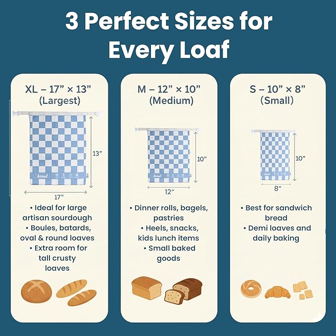3-Pack Reusable Beeswax Bread Bags (XL, M, S) - Organic Cotton Beeswax Bread Storage Bag for Homemade Bread & Sourdough Freezer-Safe, Breathable & Freshness Support - Eco-Friendly Bread Bag