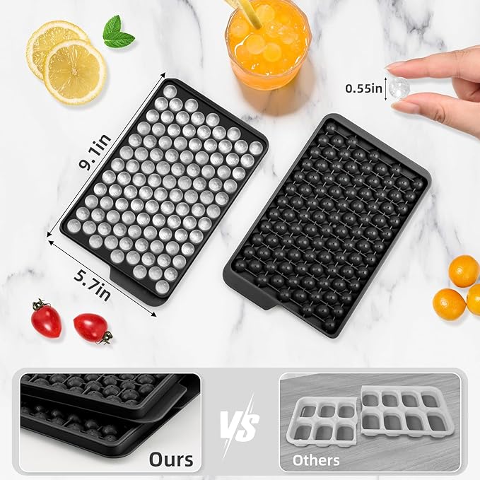 WIBIMEN Mini Ice Cube Trays, 0.55” Tiny Pebble Ice for Iced Coffee & Cocktails, Fast Chill, Easy Twist Release, Stackable with Lid & Storage Bin (4 Pack, Black)