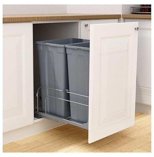Double Pull Out Trash Can, 50QTx2 Kitchen Waste Container with Soft Close - Grey - Under Cabinet Sliding Bin for Kitchen, Home, Office